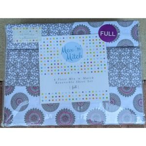Max 'n Mitch White & Multi Colored Reversible 6 Piece Mix & Match Full Sheet Set